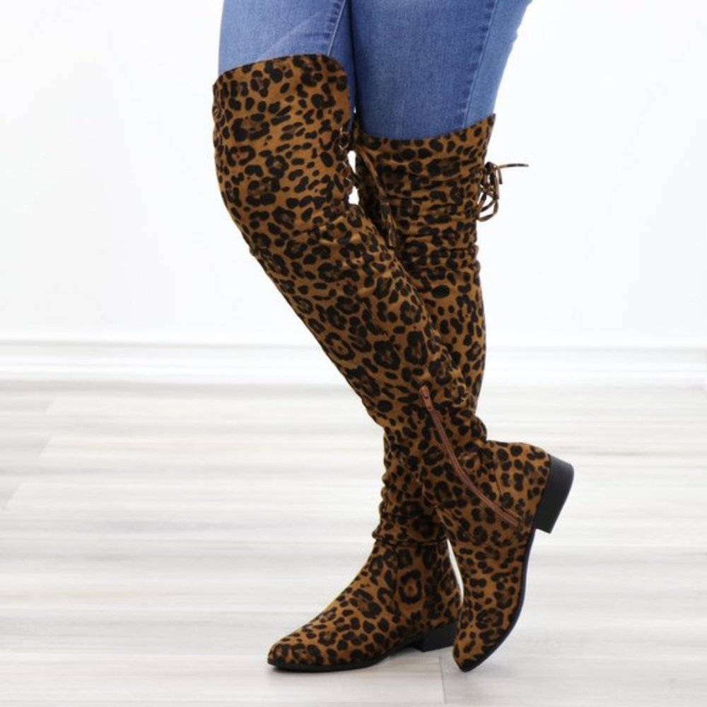 Leopard Suede Thigh High Flat Boot Lace Up Back - Picture 13 of 14